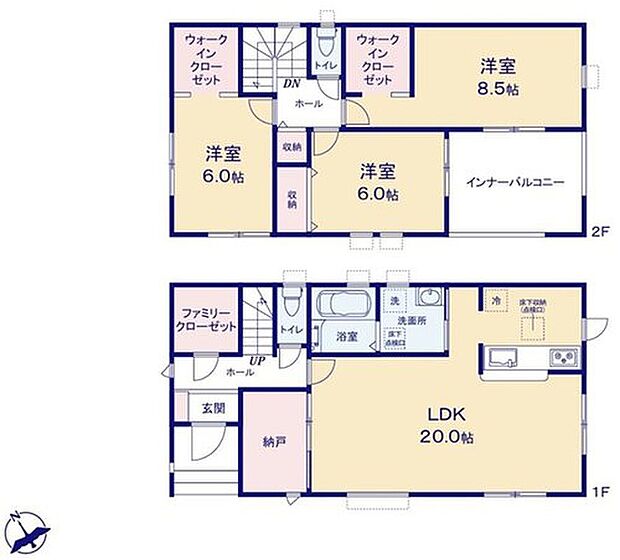 【3LDK+S】収納豊富なお住まい♪20帖LDKの隣は、窓付きのストレージルーム！ちょっとした作業も♪
玄関ホールにファミリークローゼット＆2階2居室にウオークインクローゼット♪広々インナーバルコニーも魅力です♪