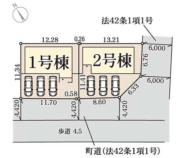 【全体区画図】カースペース3台分ございますので、家族分の自転車を駐輪したり、来客用の駐車スペースとしてもお使いいただけます♪