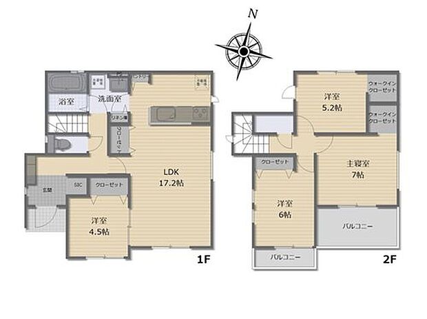 【4LDK】●インテリアプランが考えやすいワイドなリビング♪
●リビングと隣4.5帖の間の引き戸を開ければ20帖超えの大空間♪
●シューズインクロークやWICなど、大型収納でお部屋をスッキリ！