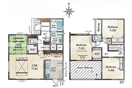 LDKは折り上げ天井で、お部屋が広く見え開放感が生まれます！あると便利な勝手口も♪
足を伸ばして寛げる憩いの「和室」付き♪WIC付き♪
インナーバルコニーで、雨の日もお洗濯物を干せます♪ 