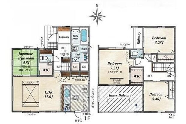【4LDK】LDKは折り上げ天井で、お部屋が広く見え開放感が生まれます！あると便利な勝手口も♪
足を伸ばして寛げる憩いの「和室」付き♪WIC付き♪
インナーバルコニーで、雨の日もお洗濯物を干せます♪