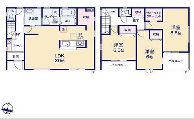 【3LDK】◆LDKは広々20帖！◆収納豊富なお住まい！2階8.5帖の洋間にWIC＆全居室収納＆2階廊下に収納♪
キッチンの収納は窓付きで、ちょっとした作業スペースしてもお使いいただけます♪◆2つのバルコニー付き♪