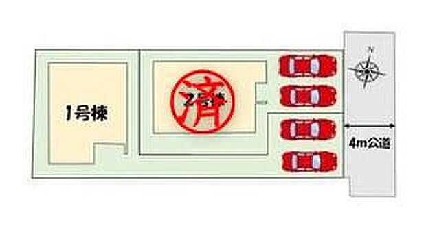 【全体区画図】全2棟♪カースペース2台分ございますので、家族分の自転車を駐輪したり、来客用の駐車スペースとしてもお使いいただけます♪