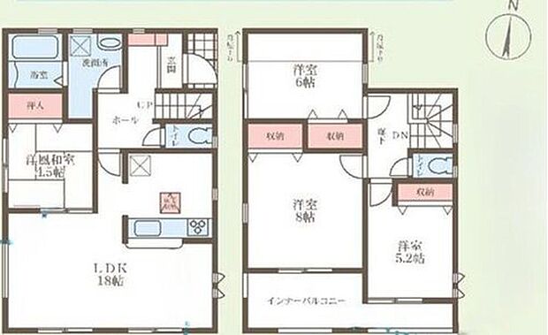 【4LDK】○18帖LDK♪リビング横には和室があります♪
○主寝室は8帖＆全居室収納♪
○急な雨にも安心！南側居室側からも出られる、インナーバルコニー♪