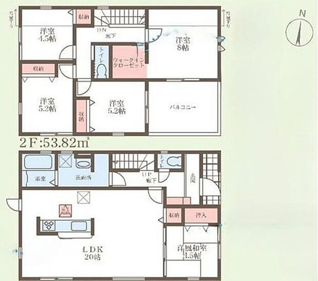 【5LDK】○ゆとりのある5LDK♪玄関に土間収納＆広々WIC＆和室にも収納♪
りびんぐよこには和室があり、居室としてもお使いいただけます♪
○リビングは広々20帖を確保♪