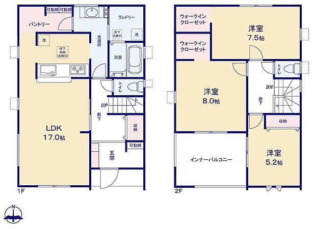 【3LDK】●まとめ買いしてもこの収納量なら心配いらずの、可動棚付きキッチンパントリー♪
●2階の8帖と7.5帖の洋室は、WIC付き♪収納豊富なお住まい♪
●急な雨にも安心なインナーバルコニー♪