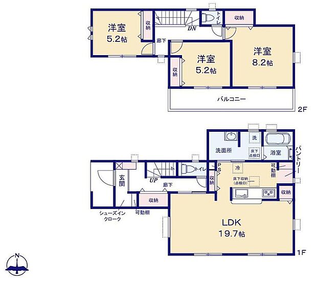【3LDK】○玄関にはSICを完備♪靴・傘・キャンプ用品・ベビーカーなどをたっぷり収納できます♪
○20帖LDKに、可動棚付きパントリー＆２か所の収納スペース付き♪LDKを広くお使いいただけます♪