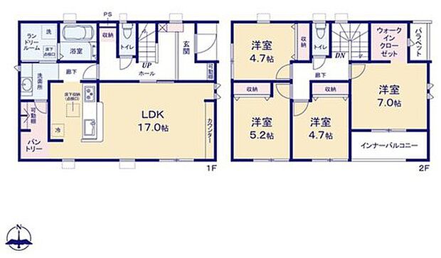【4LDK】○可動棚付きの広々パントリー♪○キッチン側からも廊下からも行き来ができる洗面所♪
○２階は４部屋♪７帖洋室に収納力豊富なWIC＆全居室収納♪○突然の雨でも大丈夫です♪広々インナーバルコニー♪