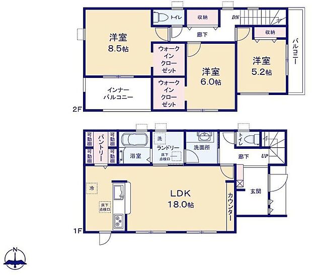 【3LDK】◇可動棚付きパントリー♪飲料水や食料品の置き場所に♪◇リビングにはＴＶカウンター付き♪◇２階２居室に、WIC♪衣類だけでなくスーツケースなどの大きな物も収納可能です♪◇2つのバルコニー付き♪