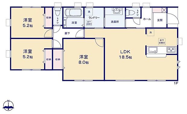 【3LDK】◇平屋のお住まい♪階段がないので生活動線がコンパクトです♪◇全居室収納付き♪◇トイレスペースが２ヶ所にあります♪朝の混雑時などに、ご家族が分散して使用できます♪