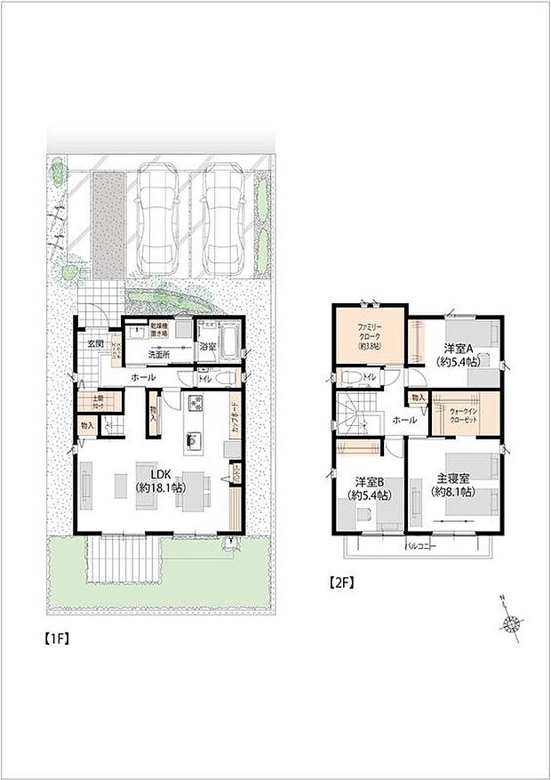 【3LDK】2号地のLDKは約18.1帖です。子ども部屋を確保しやすい3LDKの間取りです。収納も充実しており、常に片付いた状態をキープできます。
