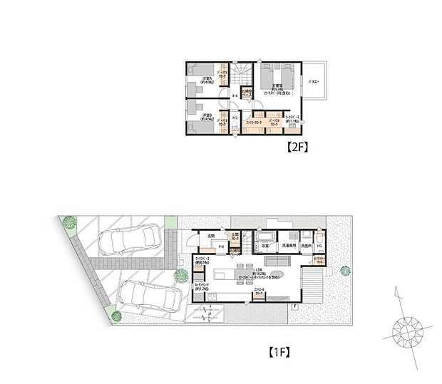 【3LDK】キッチン横づけのダイニングで家事動線がスムーズ。2階のファミリークロークはホール・主寝室の両方からアクセス可能で使いやすく、主寝室にはワークスペースも備え、暮らしやすさと機能性を両立した間取りです。