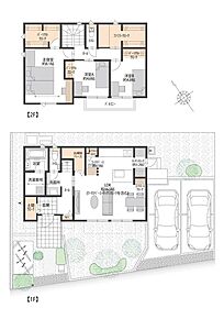 ■19号地間取図
南西向きリビングに、使い勝手の良いセパレートキッチンと約1.2帖のキッチンクロークを配置。1階にはおでかけクロークとお掃除ベース、2階にはファミリークロークを備えた収納充実の間取り。 