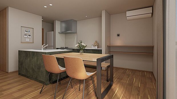 ■2号棟LDK（パース）約19.7帖のLDK※キッチンクローク約1.2帖、ワークスペース約1.2帖を含む