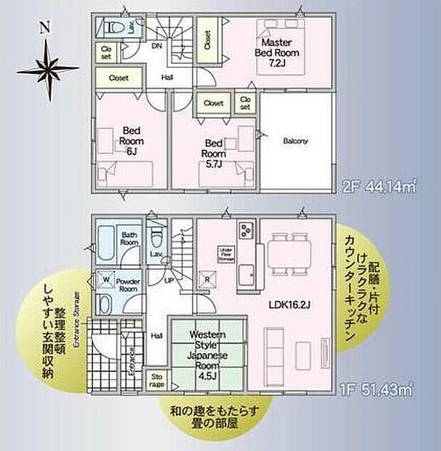 収納スペースが豊富で日常の整理整頓に便利です。和室もあり多様な使い方が可能です。1階と2階のバランスが取れた空間設計で使いやすさが考慮されています。広々としたリビングダイニングが特徴的です。