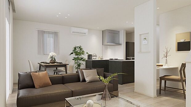 ■2号地リビング(パース)白を基調にした明るいLDKにダークグレーのキッチンがアクセントとなっています。