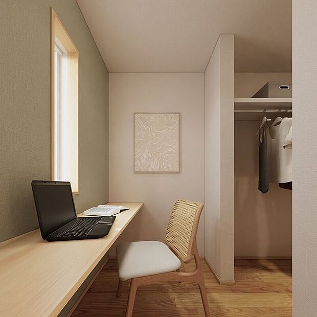【完成予想図(内観)】■1号地2階ワークスペース(パース) 主寝室奥には約1.0帖のワークスペースを設置。程よく区切られた空間で、テレワークや読書など集中した作業がしやすく、寝室の落ち着きを保ちながら活用できます。