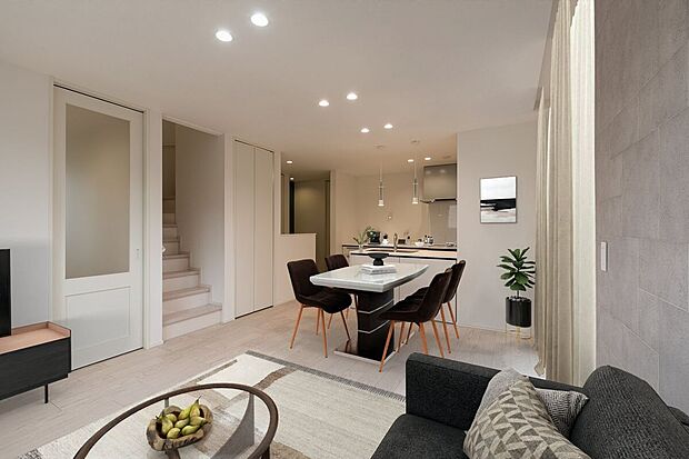 ■2号地LDKリビング(ワークスペース、キッチンクローク含む)・ダイニング・キッチンがひと続きの間取りで家族のつながりを感じやすい設計。生活動線もスムーズで暮らしが快適です。床暖房完備。