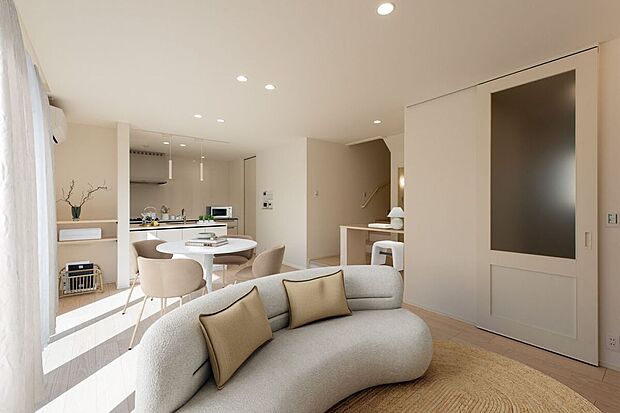 ■5号地リビング5号地のLDKは、南側には大きな窓があり、テラスに繋がっています。外と内がゆるやかに繋がる空間で、季節を感じられる間取りです。※CG合成にて家具を設置