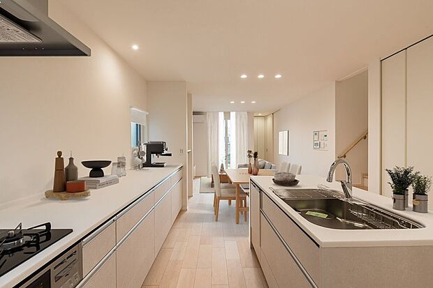 【キッチン】■9号地キッチンダイニングセットをキッチンの横並びに配置すれば調理から配膳までの動線がスムーズに行えます。カップボードもあり、収納も充実。※CG合成にて家具を設置