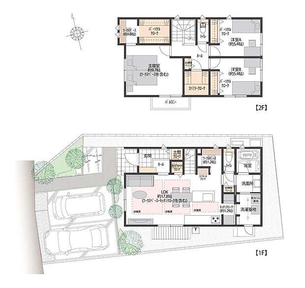 【3LDK】1階にリビングと水回り、2階に洋室3部屋のある3LDK。2階の主寝室には、ワークスペースがございます。読書、PCデスクなど様々な用途でお使いいただけます。