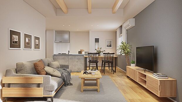 ■3号地リビング（パース）　約17.2帖の広さがあるLDKです。リビング・ダイニング・キッチンがひと続きの間取りで、家族のつながりを感じやすい設計。生活動線もスムーズで毎日の暮らしが快適です。