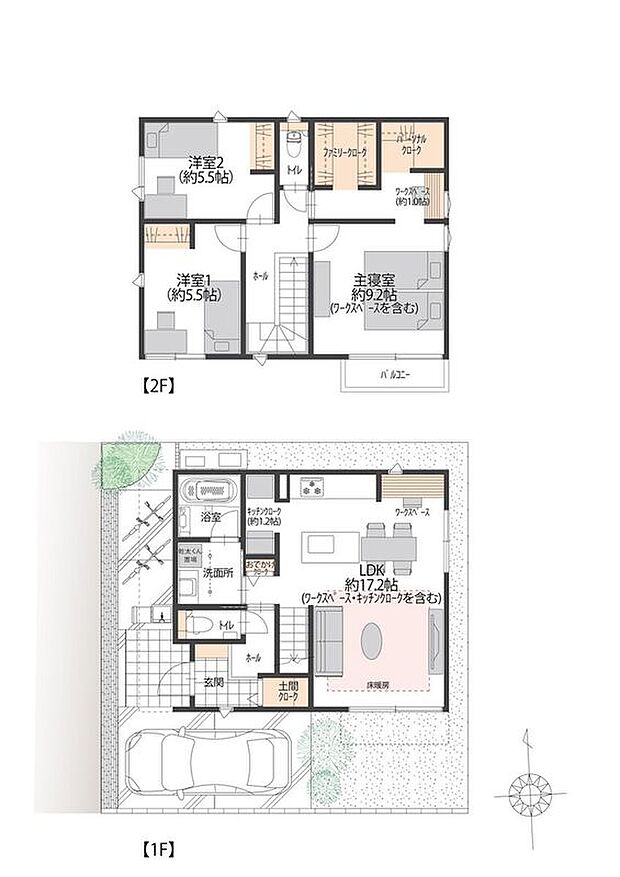 【3LDK】■2号地
南向きリビングに、使い勝手の良いセパレートキッチンと約1.2帖のキッチンクロークを配置。おでかけクロークやファミリークロークなどもあり、収納充実の間取りです。（私道負担面積：3.54m2）