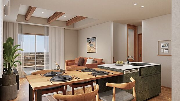 【完成予想図（内観）】■4号地リビング（パース）　キッチン横にはワークスペースを用意。家事をしながらパソコン作業を進めることができ、テレワークの方にピッタリな間取りです。