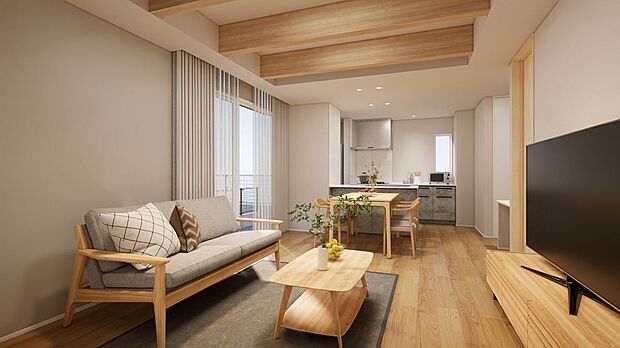 【完成予想図(内観)】■5号地リビング(パース) リビング・ダイニング・キッチンがひと続きの間取りで、家族のつながりを感じやすい設計。生活動線もスムーズで毎日の暮らしが快適です。