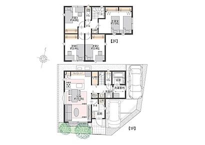24号地は1階にリビングと水回り、2階に洋室4部屋のある4LDKです。土間クローク、パントリー、お掃除ベースなどがあり、用途別にしまい分けられます。 