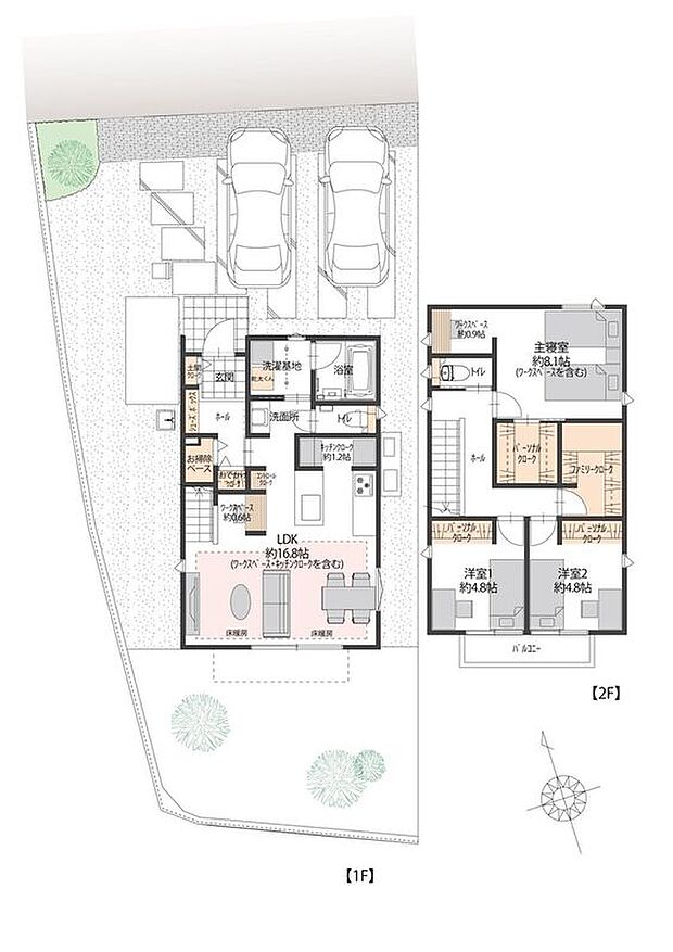 【3LDK】■1号地間取図
南向きリビングに、使い勝手の良いセパレートキッチンと約1.2帖のキッチンクロークを配置。1階におでかけクロークとお掃除ベース、2階にはファミリークロークを備えた収納充実の間取りです。