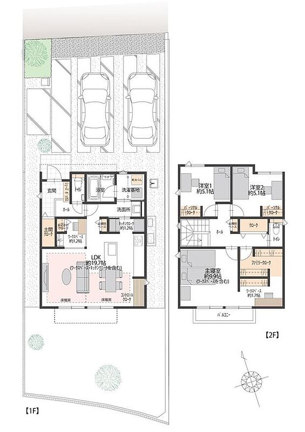 【3LDK】■3号地間取図
3号地のLDKには、スムーズな動線を実現するキッチンがございます。また収納スペースも豊富で、土間クローク、キッチンクローク、ファミリークロークなど、用途別にしまい分けられます。