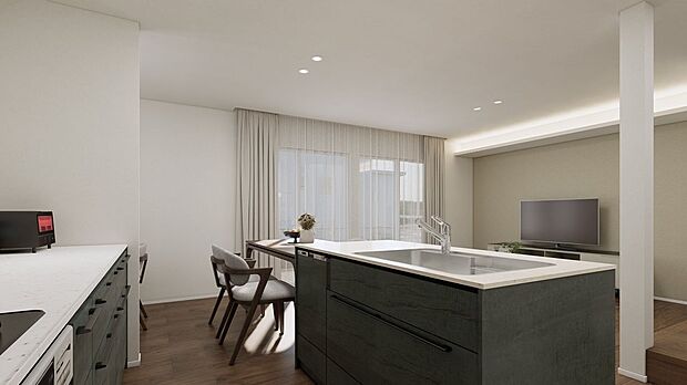 【完成予想図(内観)】■2号地キッチン(パース) 奥にはパントリーがあり、食料品やキッチン用品を効率的に収納し、キッチンスペースを整理整頓することで使いやすく保つことができます。