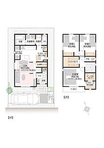 ■13号地間取図　
使い勝手の良いセパレートキッチンと約1.2帖のキッチンクロークを配置。1階にはおでかけクロークとお掃除ベース、2階にはファミリークロークを備えた収納充実の間取りです。 