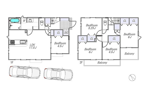 【間取り図】
カースペース2台分!5LDKのゆとりある間取りプラン!設備仕様が充実の新築分譲住宅!