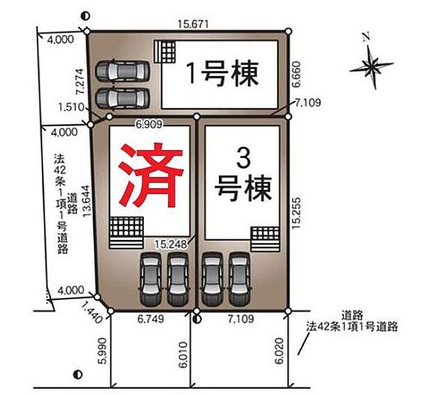 【全体区画図】１号棟　２，８５０万円
２号棟　ご成約済
３号棟　２，９９０万円