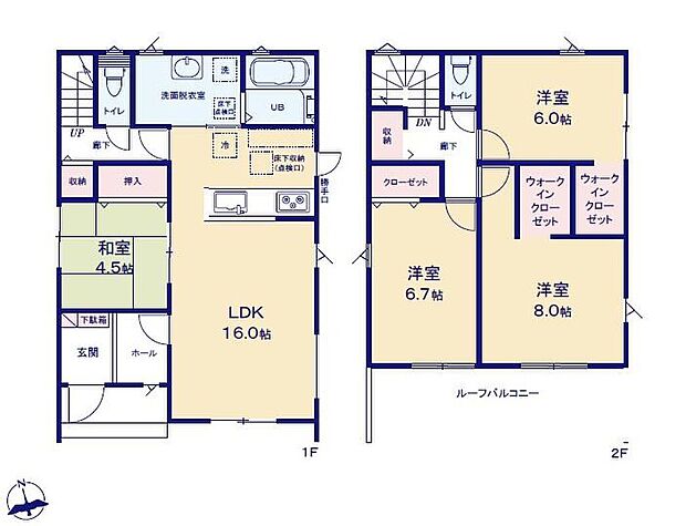 【4LDK】対面式キッチン仕様で南向きの約１６帖リビング♪
リビングに隣接する約４．５帖の和室は客間としても最適♪
大きな荷物も収納可能なウォークインクローゼット付き♪
２部屋から出入りできるルーフバルコニー♪