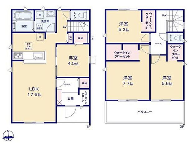 【4LDK】対面式キッチン仕様の約17.6帖リビング♪
リビングに隣接した洋室はお子様のお昼寝場所にも◎♪
SICやWIC等、各所・各居室に収納スペース充実♪
2部屋からアクセスできる南側バルコニー!