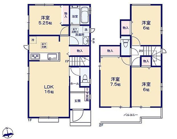 【4LDK+S】対面式キッチン仕様の約１６帖リビング♪
キッチン横には、便利収納がございます♪
２階３部屋あり、お子様ひとりひとりにお部屋を与えられます♪
２部屋から出入りできる便利な南向きバルコニー♪