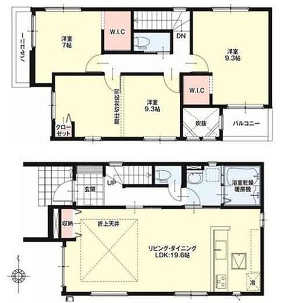 【3LDK】折上天井仕様の約１９．６帖リビング♪
約９．３帖の洋室は間仕切対応可能で２部屋にできます♪
WICがあり、各所・各居室に収納スペース充実♪
バルコニーは西側・南側に２面バルコニー♪