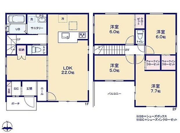 【4LDK】対面式キッチン仕様の約２２帖リビング♪
２階４部屋あり、使用用途多数♪
WICやＳＩＣがあり、収納スペース充実♪
２部屋から出入りできる陽当り良好な南側バルコニー♪