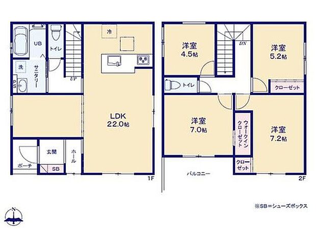 【4LDK】対面式キッチン仕様の約２２帖リビング♪
２階４部屋あり、使用用途多数♪
WICがあり、収納スペース充実♪
陽当り良好な南側バルコニー♪