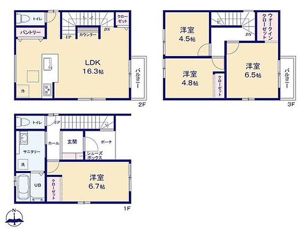 【4LDK】対面式キッチン仕様の約16.3帖リビング♪
階数ごとに生活空間が分けられる3階建て住宅♪
WICがあり、収納スペース充実♪
南側バルコニーは広々2面ございます!
