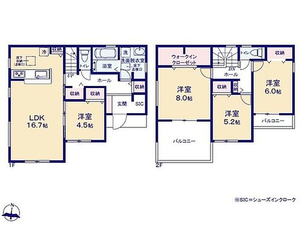 【4LDK】対面式キッチン仕様の約１６．７帖リビング♪
LDKと約４．５帖の洋室を一体できる人気の間取り♪
WICがあり、、各所・各居室にクローゼットを配置し収納豊富♪
陽当り良好なバルコニーが南側に２面ございます♪