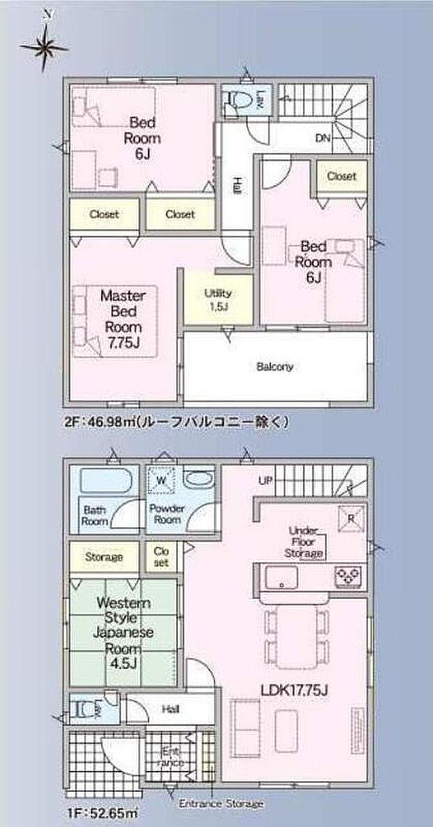 【4LDK】対面式キッチン仕様の約１７．７５帖リビング♪
各所・各居室に収納スペース完備♪
リビングに隣接したホッと落ち着く洋風和室！
２部屋から出入りできるルーフバルコニー♪