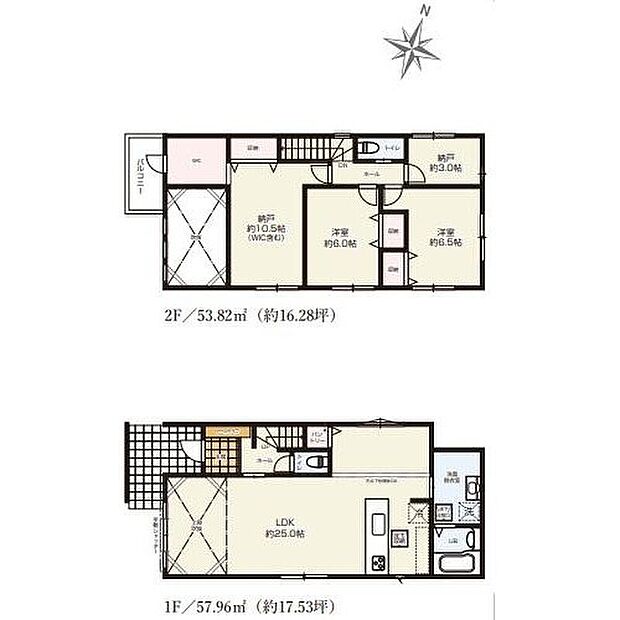 【2LDK+2S】上部吹抜仕様の約２５．０帖リビング♪
使用用途多数の納戸が２ヶ所ございます♪
室内干しの場所にもなるWICがあり、各所・各居室に収納スペース充実♪
陽当り良好な南西側バルコニー♪
