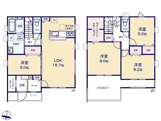 【4LDK】対面式キッチン仕様の約１６．７帖リビング♪
LDKと洋室を一体できる人気の間取り♪
WICやSICがあり、各所・各居室にも収納スペース充実♪
２部屋から出入りできる南側ワイドバルコニー♪