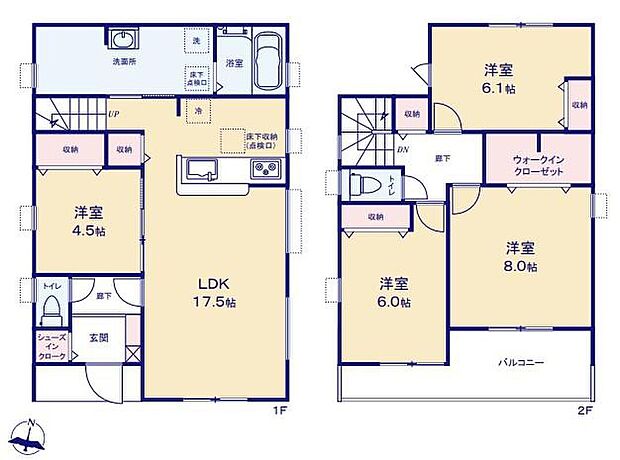 【4LDK】対面式キッチン仕様の約１７．５帖リビング♪
LDKと洋室を一体できる人気の間取り♪
WICやSICがあり、各所・各居室にも収納スペース充実♪
２部屋から出入りできる南側ワイドバルコニー♪