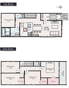 対面式キッチン仕様の約１７．４帖のリビング♪
２階４部屋あり、お子様一人一人にお部屋が与えられます♪
納戸やWICがあり、収納豊富♪
奥行を広めに取った南側バルコニー♪ 