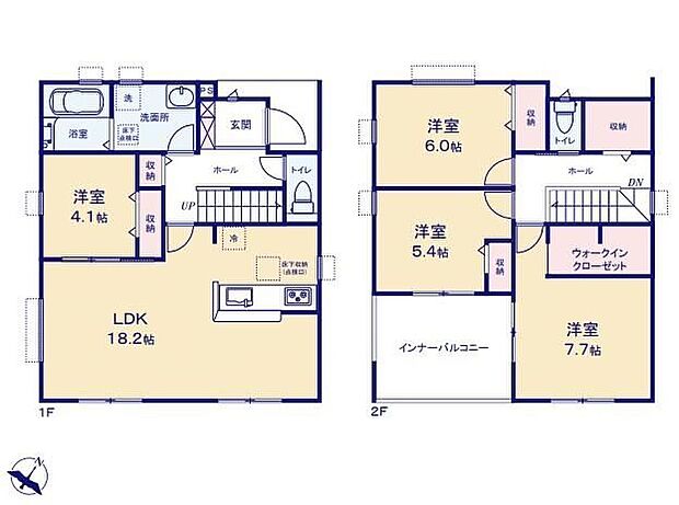 【4LDK】対面式キッチン仕様の約１８．２帖リビング♪LDKと洋室を一体できる人気の間取り♪WICがあり、各所・各居室にも収納スペース完備♪２部屋から出入りできる南側インナーバルコニー♪
